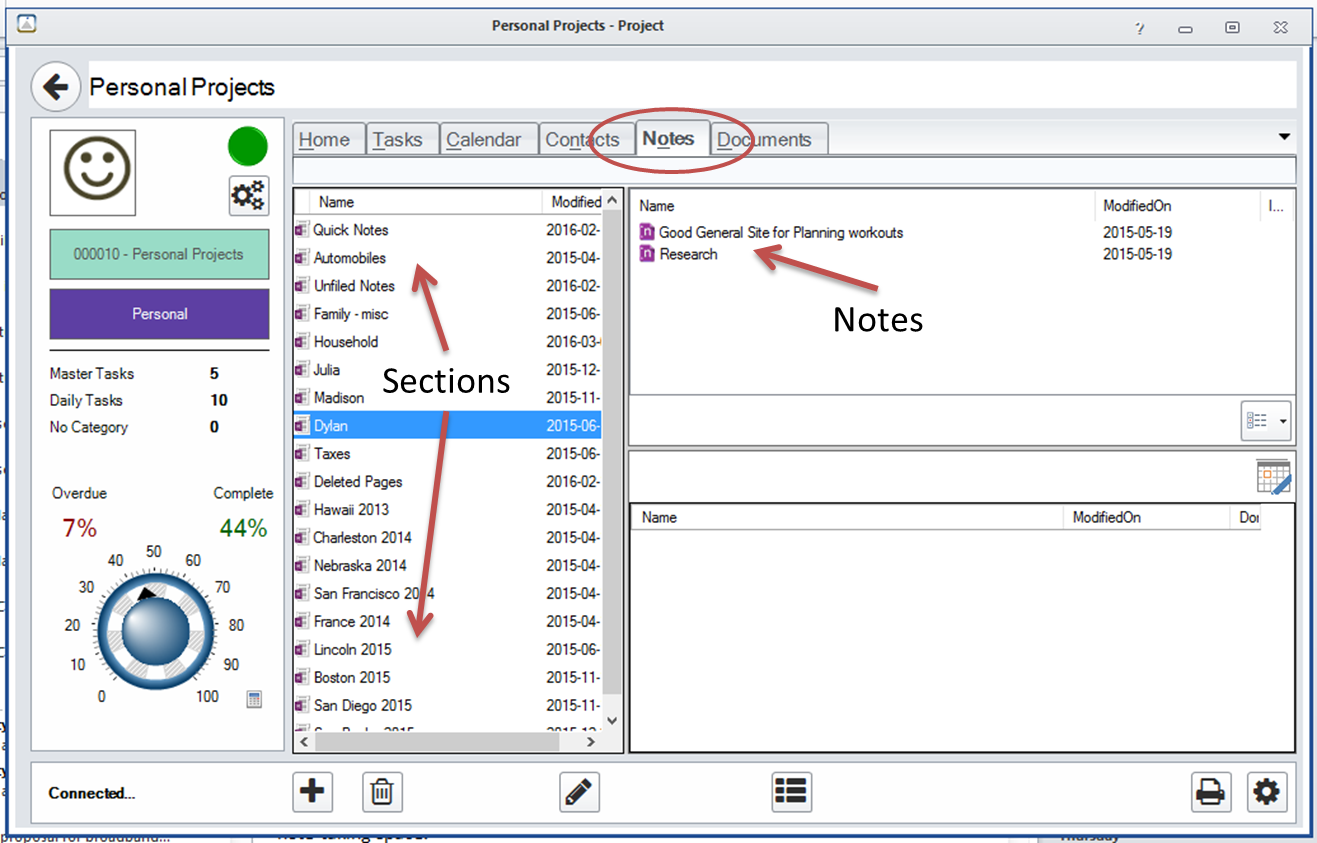 FocusMe Project Window - OneNote Notes