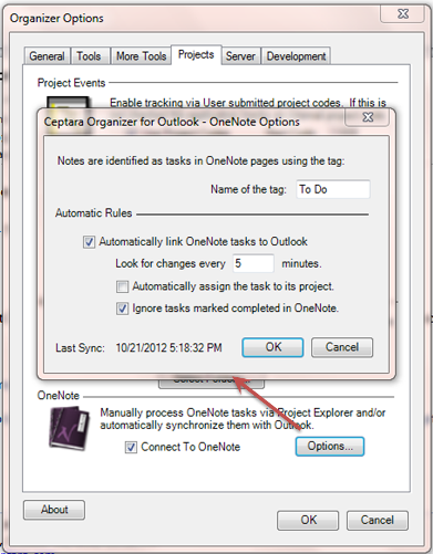 Organizer OneNote Options