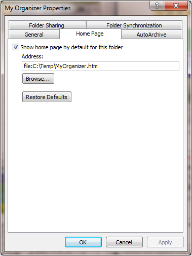 My Organizer Home Page Properties